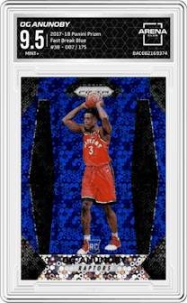 OG Anunoby from the 2017-18 Panini Prizm  set featuring a Fast Break Blue parallel graded by Arena Club and given an overall grade of 9.5.