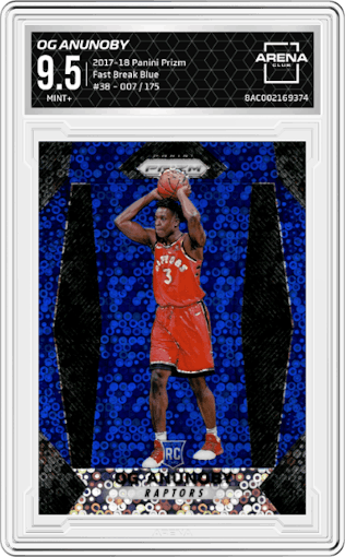 OG Anunoby from the 2017-18 Panini Prizm  set featuring a Fast Break Blue parallel graded by Arena Club and given an overall grade of 9.5.