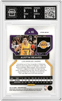 Austin Reaves from the 2021-22 Panini Prizm  set featuring a Red Ice parallel graded by Arena Club and given an overall grade of 9.