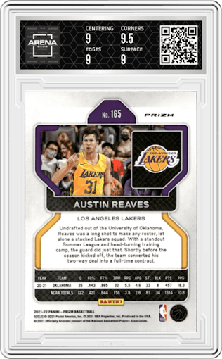 Austin Reaves from the 2021-22 Panini Prizm  set featuring a Red Ice parallel graded by Arena Club and given an overall grade of 9.