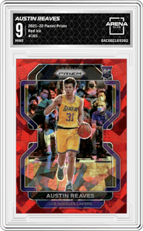 Austin Reaves from the 2021-22 Panini Prizm  set featuring a Red Ice parallel graded by Arena Club and given an overall grade of 9.