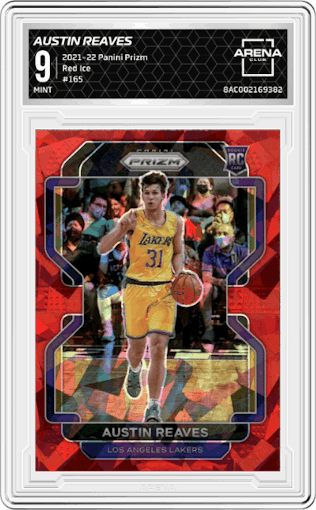 Austin Reaves from the 2021-22 Panini Prizm  set featuring a Red Ice parallel graded by Arena Club and given an overall grade of 9.