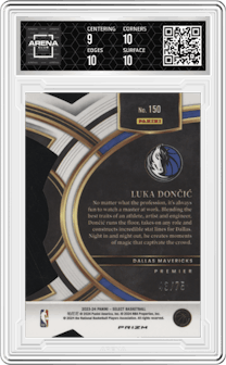 Luka Doncic from the 2023-24 Panini Select  set featuring a Die-Cut Neon Green parallel graded by Arena Club and given an overall grade of 9.5.
