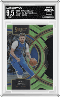Luka Doncic from the 2023-24 Panini Select  set featuring a Die-Cut Neon Green parallel graded by Arena Club and given an overall grade of 9.5.