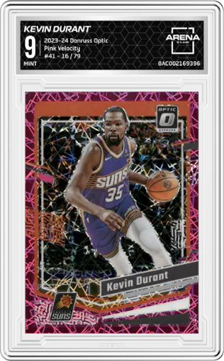 Kevin Durant from the 2023-24 Donruss Optic set featuring a Pink Velocity parallel graded by Arena Club and given an overall grade of 9.