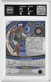 Jalen Duren from the 2022-23 Panini Spectra set featuring a Asia Red & Yellow parallel graded by Arena Club and given an overall grade of 9.5.
