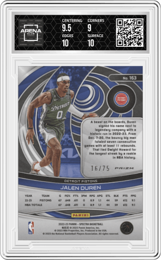 Jalen Duren from the 2022-23 Panini Spectra set featuring a Asia Red & Yellow parallel graded by Arena Club and given an overall grade of 9.5.