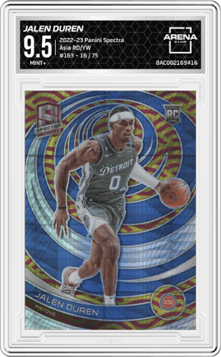 Jalen Duren from the 2022-23 Panini Spectra set featuring a Asia Red & Yellow parallel graded by Arena Club and given an overall grade of 9.5.