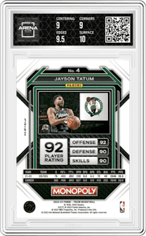 Jayson Tatum from the 2022-23 Panini Prizm Monopoly set featuring a Free Parking parallel graded by Arena Club and given an overall grade of 9.5.