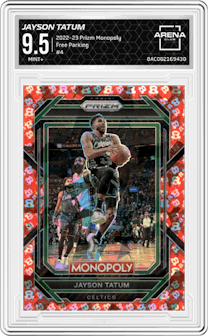 Jayson Tatum from the 2022-23 Panini Prizm Monopoly set featuring a Free Parking parallel graded by Arena Club and given an overall grade of 9.5.