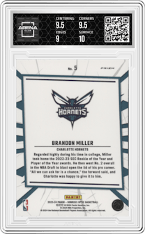 Brandon Miller from the 2023-24 Donruss Optic set featuring a Holo parallel graded by Arena Club and given an overall grade of 9.5.
