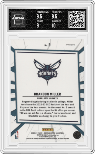 Brandon Miller from the 2023-24 Donruss Optic set featuring a Holo parallel graded by Arena Club and given an overall grade of 9.5.