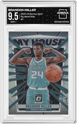 Brandon Miller from the 2023-24 Donruss Optic set featuring a Holo parallel graded by Arena Club and given an overall grade of 9.5.