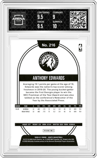 Anthony Edwards from the 2020-21 Panini NBA Hoops set graded by Arena Club and given an overall grade of 9.5.