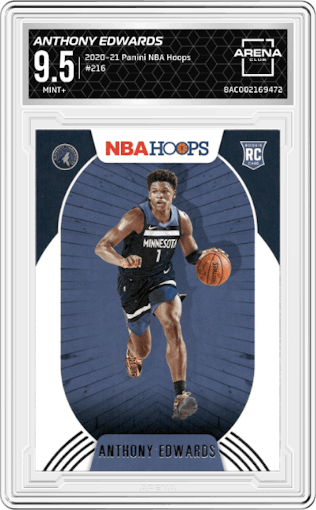 Anthony Edwards from the 2020-21 Panini NBA Hoops set graded by Arena Club and given an overall grade of 9.5.