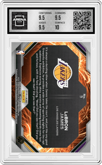 LeBron James from the 2023-24 Panini Prizm set featuring a Fast Break parallel graded by Arena Club and given an overall grade of 10.