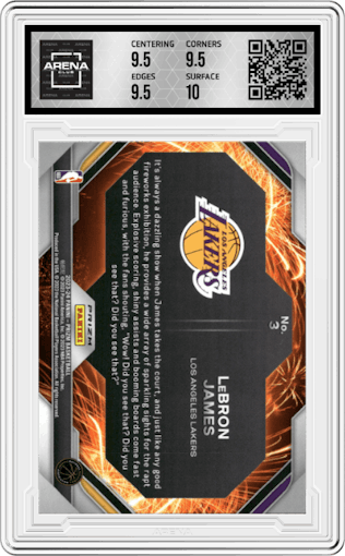 LeBron James from the 2023-24 Panini Prizm set featuring a Fast Break parallel graded by Arena Club and given an overall grade of 10.