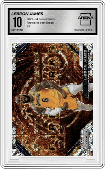 LeBron James from the 2023-24 Panini Prizm set featuring a Fast Break parallel graded by Arena Club and given an overall grade of 10.
