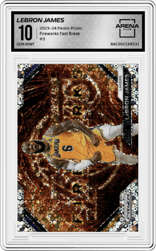 LeBron James from the 2023-24 Panini Prizm set featuring a Fast Break parallel graded by Arena Club and given an overall grade of 10.