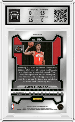 Amen Thompson from the 2023-24 Panini Prizm set featuring a Red Ice parallel graded by Arena Club and given an overall grade of 10.