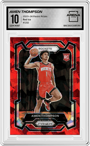 Amen Thompson from the 2023-24 Panini Prizm set featuring a Red Ice parallel graded by Arena Club and given an overall grade of 10.