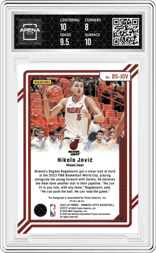 Nikola Jovic from the 2023-24 Donruss Optic set graded by Arena Club and given an overall grade of 8.5.