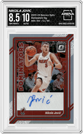Nikola Jovic from the 2023-24 Donruss Optic set graded by Arena Club and given an overall grade of 8.5.