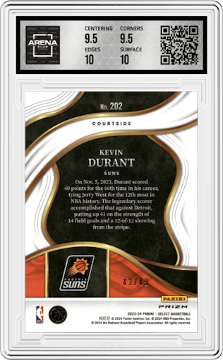 Kevin Durant from the 2023-24 Panini Select  set featuring a Red Disco Prizm parallel graded by Arena Club and given an overall grade of 10.