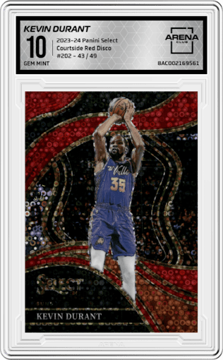 Kevin Durant from the 2023-24 Panini Select  set featuring a Red Disco Prizm parallel graded by Arena Club and given an overall grade of 10.