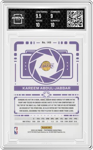 Kareem Abdul-Jabbar from the 2023-24 Panini Photogenic set featuring a Diamond parallel graded by Arena Club and given an overall grade of 9.5.