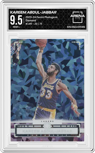 Kareem Abdul-Jabbar from the 2023-24 Panini Photogenic set featuring a Diamond parallel graded by Arena Club and given an overall grade of 9.5.