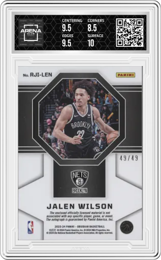 Jalen Wilson from the 2023-24 Panini Obsidian set featuring a Electric Etch Purple Flood parallel graded by Arena Club and given an overall grade of 9.