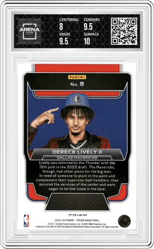 Dereck Lively II  from the 2023-24 Panini Prizm set featuring a Fast Break parallel graded by Arena Club and given an overall grade of 8.5.