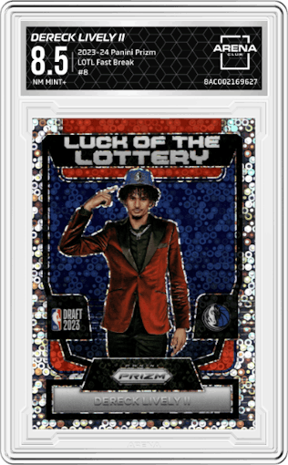 Dereck Lively II  from the 2023-24 Panini Prizm set featuring a Fast Break parallel graded by Arena Club and given an overall grade of 8.5.