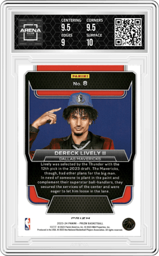 Dereck Lively II  from the 2023-24 Panini Prizm set featuring a Fast Break parallel graded by Arena Club and given an overall grade of 9.5.