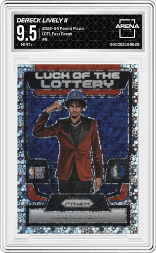 Dereck Lively II  from the 2023-24 Panini Prizm set featuring a Fast Break parallel graded by Arena Club and given an overall grade of 9.5.
