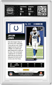 Jaylon Jones from the 2023 Panini Contenders set featuring a Green Laser parallel graded by Arena Club and given an overall grade of 8.5.