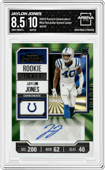 Jaylon Jones from the 2023 Panini Contenders set featuring a Green Laser parallel graded by Arena Club and given an overall grade of 8.5.