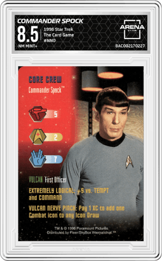 Commander Spock from the 1996 Star Trek set graded by Arena Club and given an overall grade of 8.5.