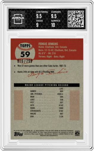 Fergie Jenkins from the 2022 Topps Chrome Platinum Anniversary set featuring a Aqua Lava Refractor  parallel graded by Arena Club and given an overall grade of 9.5.