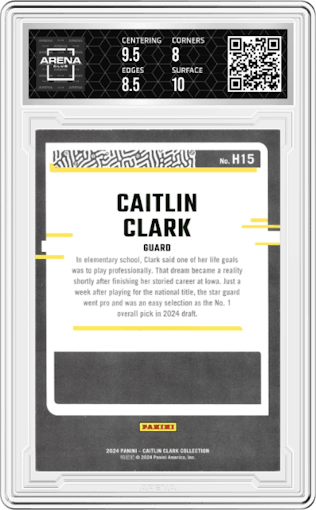 Caitlin Clark from the 2024 Panini Caitlin Clark Collection set graded by Arena Club and given an overall grade of 8.5.