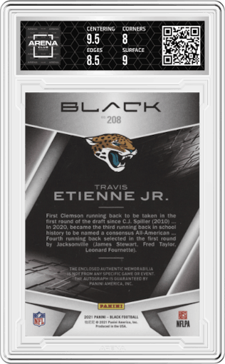 Travis Etienne Jr. from the 2021 Panini Black set featuring a Emerald parallel graded by Arena Club and given an overall grade of 8.5.