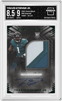 Travis Etienne Jr. from the 2021 Panini Black set featuring a Emerald parallel graded by Arena Club and given an overall grade of 8.5.