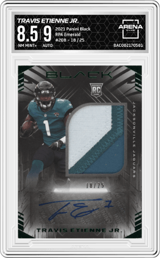 Travis Etienne Jr. from the 2021 Panini Black set featuring a Emerald parallel graded by Arena Club and given an overall grade of 8.5.