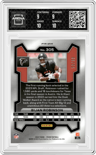 Bijan Robinson from the 2023 Panini Prizm set featuring a Blue Ice parallel graded by Arena Club and given an overall grade of 9.5.