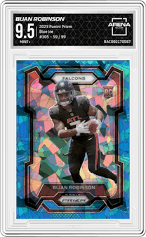 Bijan Robinson from the 2023 Panini Prizm set featuring a Blue Ice parallel graded by Arena Club and given an overall grade of 9.5.