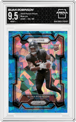 Bijan Robinson from the 2023 Panini Prizm set featuring a Blue Ice parallel graded by Arena Club and given an overall grade of 9.5.