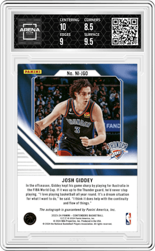 Josh Giddey from the 2023-24 Panini Contenders set featuring a Gold parallel graded by Arena Club and given an overall grade of 9.