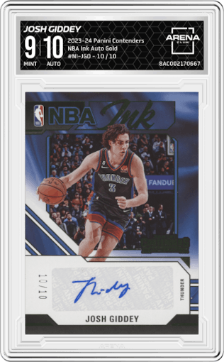 Josh Giddey from the 2023-24 Panini Contenders set featuring a Gold parallel graded by Arena Club and given an overall grade of 9.