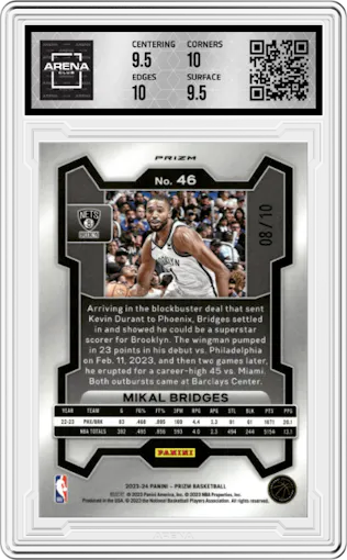 Mikal Bridges from the 2023-24 Panini Prizm set featuring a FOTL Gold Shimmer parallel graded by Arena Club and given an overall grade of 10.